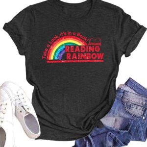 Reading Rainbow Tshirt Women: Book Shirt Reading Teacher Shirt Funny Rainbow Graphic Tee Tops Book Lover Gift (Darkgrey, X-Large)