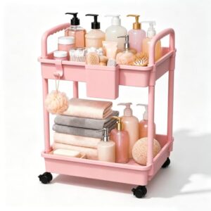 REBECAT 2 Tier Rolling Utility Cart Storage Organizer with Handle Wheels