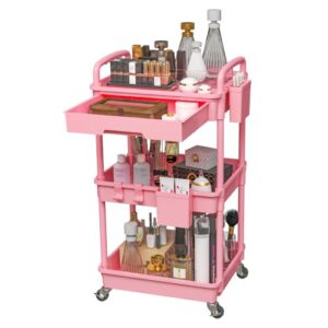 REBECAT 3 Tier Rolling Makeup Cart Cosmetic Display Organizer with Drawer