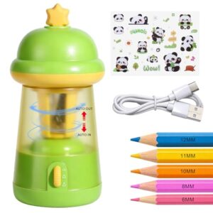 Rechargeable Electric Pencil Sharpener, 6-12mm Auto in & Out Fully Automatic Pencil Sharpener for Kids, Large Capacity Battery Powered, with Cartoon Stickers Ideal for Classroom & Home (Green)