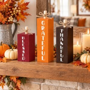 Redbaker 3 Pcs Fall/Thanksgiving Decor for Dinning Table, Living Room | Autumn/ Thanksgiving Desktop Centerpieces, for Bathroom Mantel Shelf Tiered Tray, Blessed Grateful Thankful Wood Block Sign