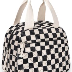 Reusable Lunch Bag for Women Girl: Cute Insulated Lunch Box for Work School | Water-Resistant Corduroy Lunchbox, Large Capacity Cooler, Small Lunch Tote Bag for Picnic Travel(M-Black White Checkered)