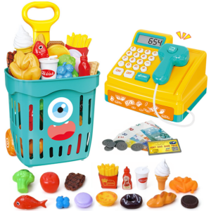 Richgv Cash Register Playset Toys for Kids, Pretend Play Money, Calculator, Scanner, Play Food Learning Toys for Toddlers 3-8, Gifts for Boys Girls