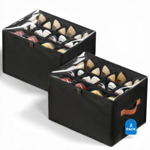 Riousery 2 Pack Foldable Shoe Organizer for Closet, Shoe Storage Bins with Clear Zipper Cover and Handles, Holds up to 24 Pairs, Black
