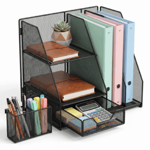 Riousery Mesh Desk Organizer with Drawer and 2 Pen Holders, Desktop Storage Rack for Office Supplies, Black