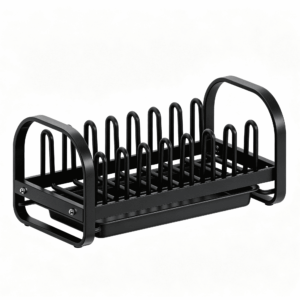 Riousery Mini Dish Drying Rack, Compact Stainless Steel Dish Rack with 7 Slots and Removable Drip Tray, 14.2 x 6.9 x 6.1 in, Black