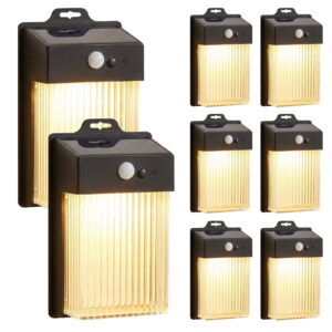 Rirool 8 Pack Solar Fence Lights Outdoor Waterproof, Motion Sensor Solar Wall Lights for Patio Backyard Fence Deck Porch Pathway, Warm White