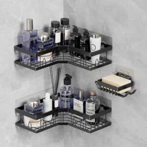 Rixarts Corner Shower Caddy 3 Pack, Wall Mounted Stainless Steel Bathroom Organizer Shelf with Soap Dish, Adhesive No Drilling, Towel Hooks, Black