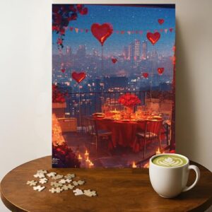 Rooftop Date Valentines Day Festival Jigsaw Puzzle - 500 Pieces Wooden Puzzle for Adults, Wall Art Gift, Finished Size: 20 x 15 Inch
