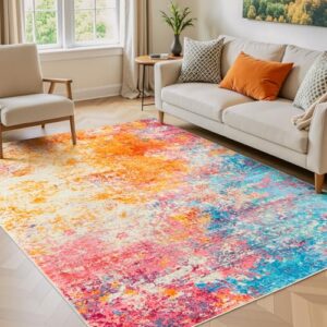 Rugflix 5x7 Area Rugs for Living Room, Colorful Rainbow Washable Rug | Machine Washable; Stain-Resistant; Low Pile; Modern Abstract; Bright Carpet for Kids Room Bedroom Classroom Playroom Office