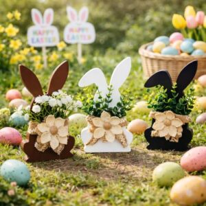 Rustic Wooden Rabbit Decor Set, Farmhouse Bunny Decorations for Shelf, Mantel and Tabletop, Spring Home Decor with Greenery and Floral Accents, Set of 3