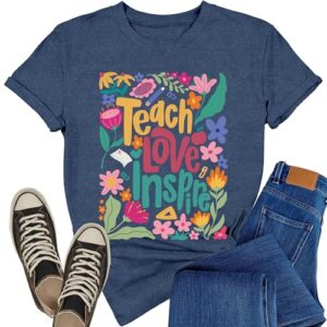 Rwabing Teacher Shirts Women Teacher Life T-Shirt Teach Love Inspire Top | Blue, Size S, Teacher floral shirt, ladies teach t-shirts, back to school teacher tee, apple book pencil teaching tshirt