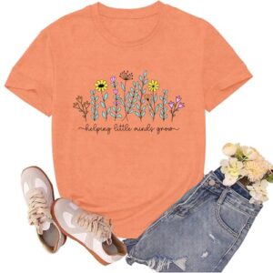 sallrue Womens Teacher Shirts Kindergarten Teacher Shirt Helping Little Minds Grow Tee Tops Orange