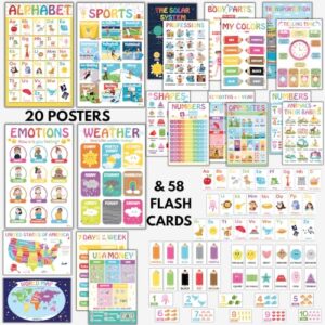 SANORIS 20PCS Laminated Educational Posters & 58PCS Flash Cards, Educational Wall Charts, 17x11in Classroom Resources, Teacher Supplies, Learning Materials, Visual Reference Tools, Training Aids Set
