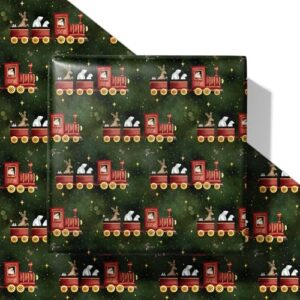 SaringSwoon Vintage Train Christmas Wrapping Paper for Baby Boys Girls Kids - Green Xmas Wrapping Paper with Red Trains, Santa, Polar Bears, Penguins for Holiday - 40×28 Inches, 4 Folded Sheets