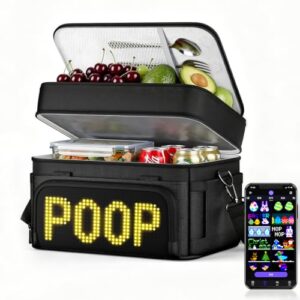 sasecgo Lunch Bag with Programmable LED Sign, Black 15L Double Deck Insulated Lunch Box, Bluetooth APP, Custom Animations and Text