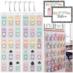 SATINIOR 2 Pcs Water Bottle Organizer for Classroom with 30 Clear Pockets Classroom Hydration Station Over The Door Water Bottle Storage with 6 Hooks 30 Number Stickers, Composition Notebook Design