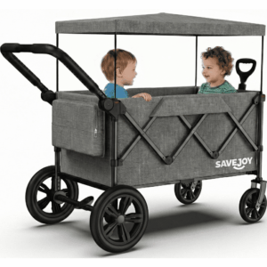 SaveJoy 3-in-1 Stroller Wagon for 2 Kids, Collapsible Toddler Wagon with Removable Canopy, 5-Point Harness and All-Terrain Wheels