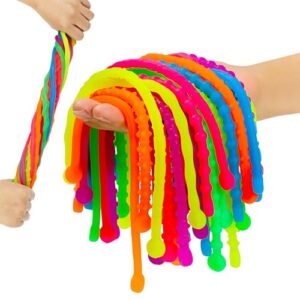 Sensory Fidget Stretch Toys, Neon Rainbow Colors, Elastic Pull String Stress Relief Bracelets, Pack of 12, Kids Party Favors