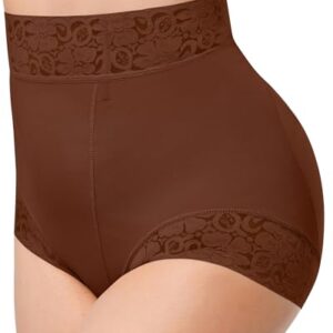 SHAPELLX Mid Waist Tummy Control Shapewear Briefs Lace Shaper Panties Brown