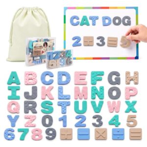 Silicon Magnet Letters Numbers with Whiteboard, 26 Uppercase ABC Magnet with Math Symbols, 6 Sensory Textures, Fridge Magnets Educational Set for Toddlers, Preschool Classroom Essentials