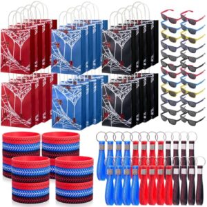 Simgoing 120 Pcs Spider Party Favors Include Spider Sunglasses, Web Gift Tote Bags, Blue Red Black Rubber Wristbands, Silicone Keychains and Sticky Webs for Birthday Comic Themed Party Decoration