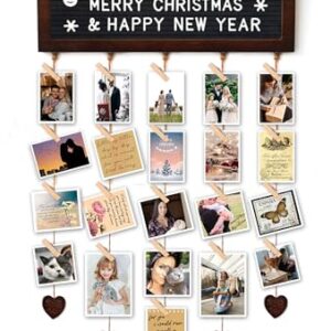 Slotted Felt Board with 340 Letters & 30 Clips Photos Cards Organizer | Wooden Walnut Changeable Message Letter Sign Wall Mounted Picture Display Collector 15.7x5 Inches with Twines & Pendant