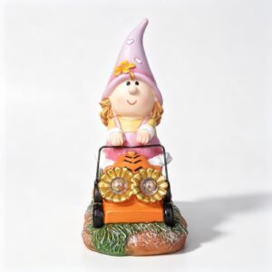 Solar Garden Female Gnome Statue Lawn Mower, 8 Inch Decor Gift for Women