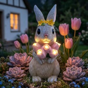 Solar Garden Rabbit Statue, 10.8" Princess Bunny Figurine, Pink Tulip | LED Lights, Hand-Painted, Waterproof Resin, Yard Art Patio Lawn Ornament, Gifts for Women Mom Girls