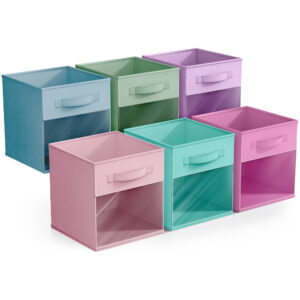 Sorbus Foldable Storage Bins – Set of 6 Fabric Cubes with Clear Window & Handles for Shelves and Closets (Pastel Color Mix)