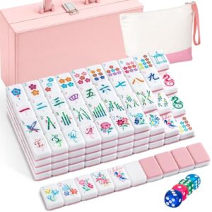 Soulchen 1.2 Inch Pink Blossom American Mahjong Set,Acrylic 168 Tiles | with Portable Storage Box,Tote Bag,Dice,Complete Mahjong Set for Game Night Travel Vacation Collection Gift