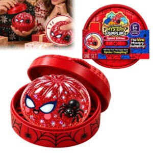Spider Dumplings Mystery Fidget Toy, Red Glitter Squeeze Stress Relief Ball with Spider Pattern Steamer Case, Slow Rebound TPR Sensory Toy for Halloween Holiday Novelty Gift