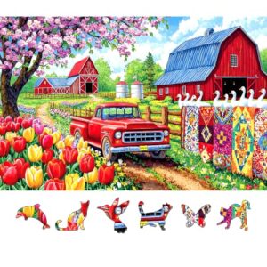 Spring Farm Puzzles for Adults 500 Piece,Vintage Truck Tulip Country Puzzle