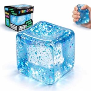 Squishy Squeeze Toy, Slow Rising Square Sensory Stress Ball, Summer Toy (Transparent + Blue Gold Powder)