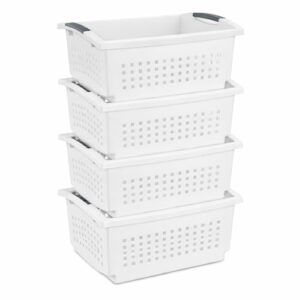 Sterilite Large Stacking Basket Plastic Storage Organizer, White, 4-Pack | Multi-Purpose and Decorative Organizer for Clothes, Shelves, Closets, Pantries, Living Rooms or Offices