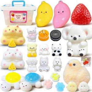 SUISUILE 24 Pack Squishy Toys Kit, Ultra-Soft Squishies with Keychain & Storage Box, Sticky Squishy Sensory Squeeze Toys, Include Hamster, Strawberry, Chick Squishies for Stress Relief Party Favors