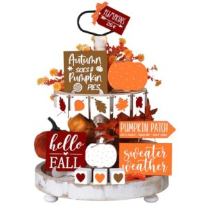 Sumind 15 Pcs Fall Decorations for Home Fall Tiered Tray Decor Set,Autumn | Maple Leaves Pumpkin Wooden Signs, Thanksgiving Table Signs, Rustic Farmhouse Tabletop Centerpieces, Autumn Harvest Decor