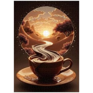 Sunset Coffee Puzzles for Adults 1000 Pieces, Fantasy River Nature Landscape Art Jigsaw Puzzle, Challenging Aesthetic Coffee Cup Puzzle for Home Wall Decor