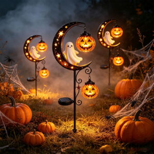 suore Solar Stake Lights Halloween, Halloween White Ghost & Pumpkin Moon Garden Stake Light, Waterproof LED Yard Decoration, Hanging Lantern for Garden, Patio, Walkway, Porch