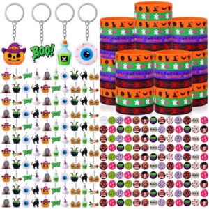 Sureio 300 Pcs/100 Sets Halloween Party Favors, Pins Bracelets Keychains | Tinplate Pins, Acrylic Keychains, Silicone Wristbands, Halloween Classroom Rewards, Party Favors, Gift Bags, Prize Boxes