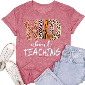 SUWATOIN Womens Teacher Shirts Wild About Teaching Leopard Print T-Shirt Teacher Life Tee Top Pink