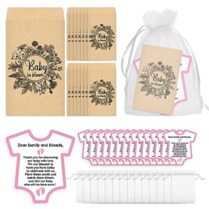 Sweetude 100 Pack Baby in Bloom Party Favors, Empty Seed Packet Baby Shower Favors (No Seeds Included), Includes Kraft Envelopes, Thank You Cards & Organza Bags for DIY Botanical Theme Decor(Pink)