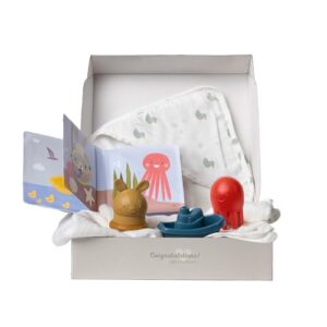 Taf Toys Bath Time Kit for Babies - Including Water Book, Cotton Hooded Towel, Squeaking Bath Toys, Boat Toy - with 5-Piece Newborn Essentials, Baby Boy Bath Gift Set Baptism Gifts
