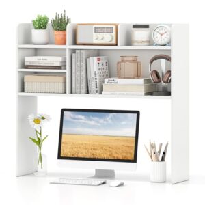 Tangkula Desktop Bookshelf for Computer Up to 32”, 37” Countertop Storage Hutch with 6 Storage Shelves, 3-Tier Desktop Organizer Display Rack, Wooden Desk Hutch for Dorm Home Office (White)