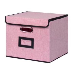 Tcbelosion Large Square Storage Bin with Lid, Foldable Organizer Box with Handles & Label Design, for Office, Closet, Home, Documents, Pink, 12.20 x 10.63 x 10.63 Inches, 1 Pack