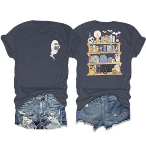 Teacher Halloween Oversized Shirts Ghost Reading Book Shirt Spooky Graphic Tee Teacher Gifts Casual Loose Tops
