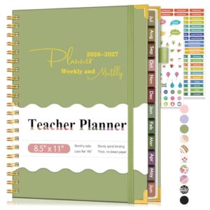Teacher Planner 2026-2027, July 2026 - June 2027, Academic Weekly & Monthly Calendar Planner with Tabs, 8.5" x 11" A4 Teacher Lesson Plan Book with 7 Periods, Daily Agenda School Organizer for Teacher Student Homeschool, Green