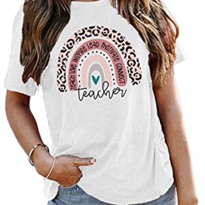 Teacher Shirt for Women Teach Rainbow Leopard Graphic Tee Tops Short Sleeve