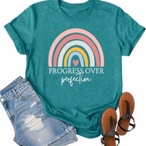 Teacher Shirts for Women: Progress Over Perfection Shirt Rainbow Teacher Graphic Tee Teaching Tops