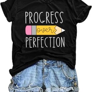 Teacher Shirts for Women Progress Over Perfection Tee Tops Black | First Day of School Teacher Shirt Pencil Print Women Tee Tops Back to School Tshirt for Teachers